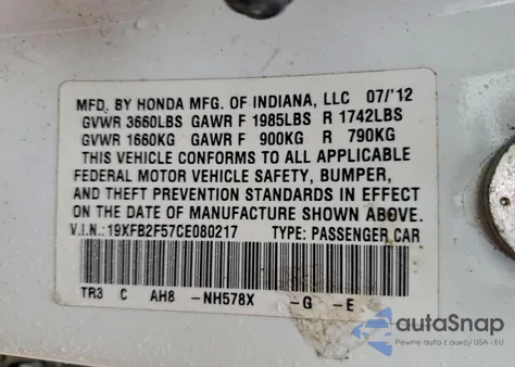 2012 Honda Civic Lx z USA, uszkodzony, nr VIN 19XFB2F57CE080217